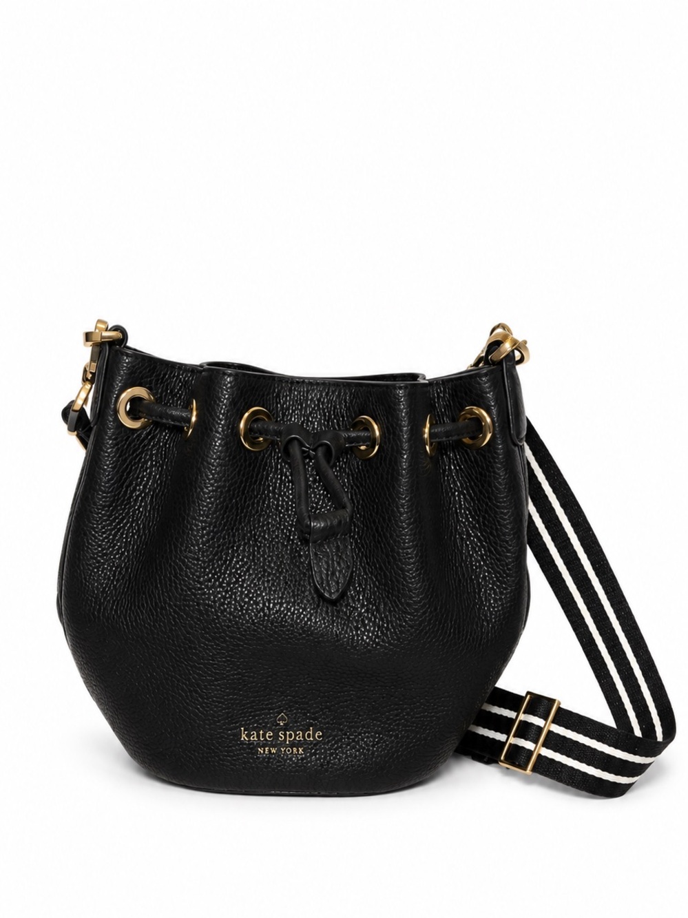 kate spade Black Pebbled Leather Drawstring Crossbody Bag with Striped Strap